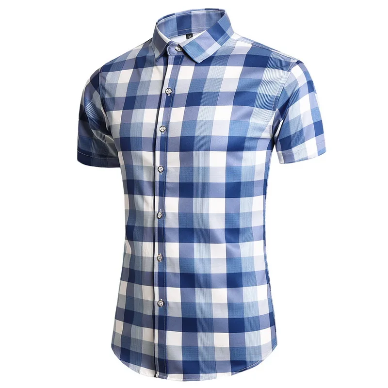 

For 2022 Summer Designer Tops Blouses Beach Fashion Plaid Blue Mens Short Sleeves Oversize 6XL 7XL Shirts Casual Clothing