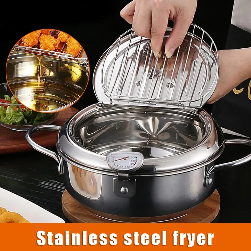

Deep Frying Pot with a Thermometer and Filter Mesh 304 Stainless Steel Fryer Pan Deep Frying Pot Kitchen Supply