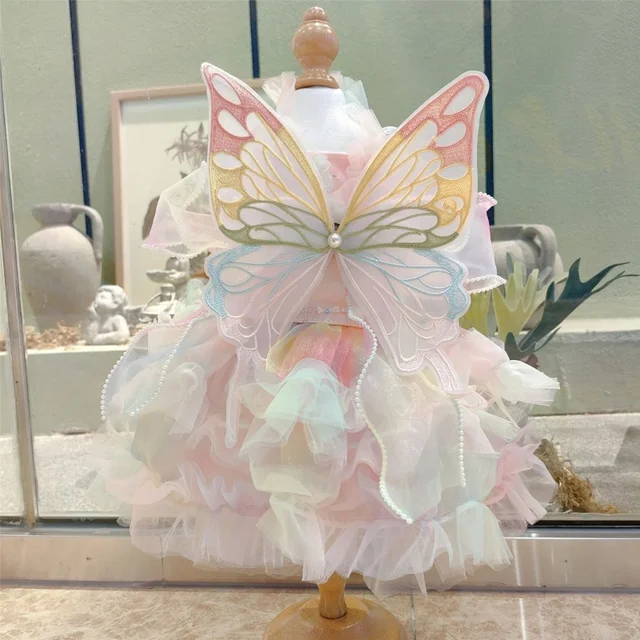 Butterfly Princess Dress Pet Dog Clothes Sweet Clothing Dogs Super Small Cute Chihuahua Soft Print Summer Pink Girl Mascotas 2