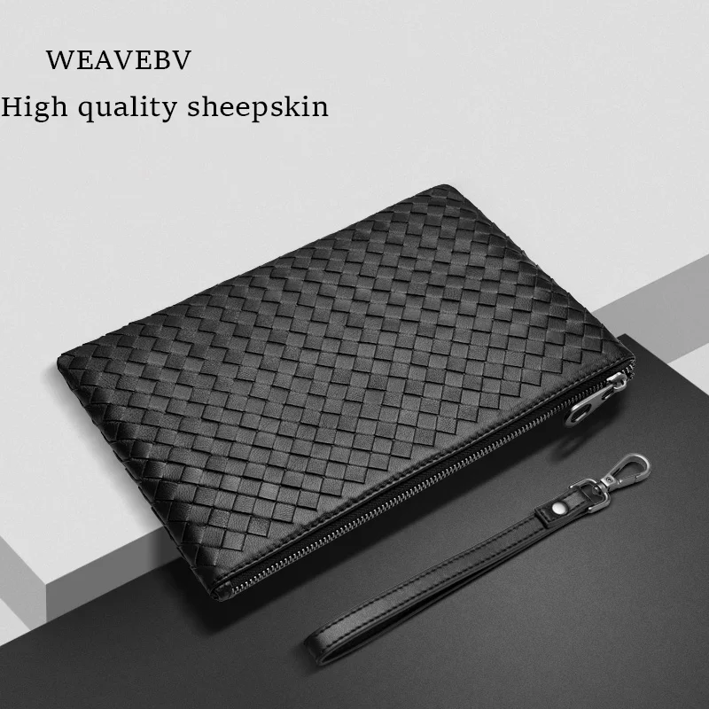 Sheepskin knitting Genuine Leather Clutch Bag Men Wallet With Hand Strap Fashion Designer Soft Large Capacity Luxury Purse