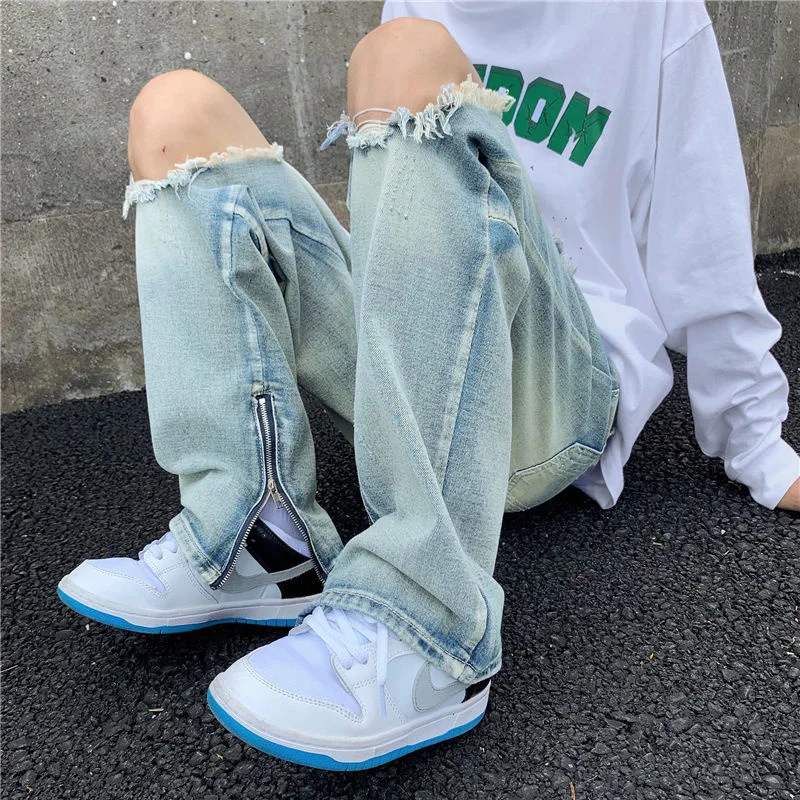 Summer Blue Baggy Jeans Men Fashion Casual Hole Straight Jeans Men Streetwear Hip Hop Loose Wide Leg Denim Pants Mens Trousers