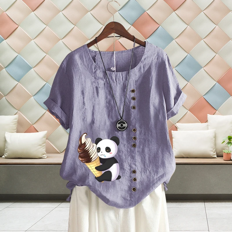 

New Women's Summer Fashion Cartoon Panda Printed Round Neck Short-sleeved T-shirt Casual Loose Solid Color Shirt Tops XS-5XL