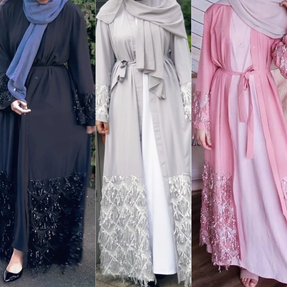 Dubai Female Sequins Abaya Dress Open Front Kimino Fashion Arabic Style Long Djellaba Jalabiya with Belt