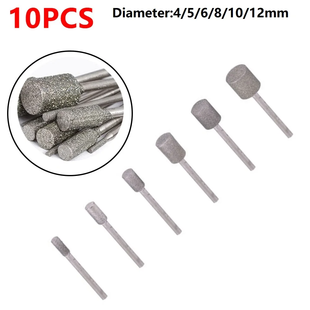 

10pcs Diamond Burr Drill Bit Set For Carving Engraving Drilling 4-12mm Eletric Machine Bit Brush Burr Tools