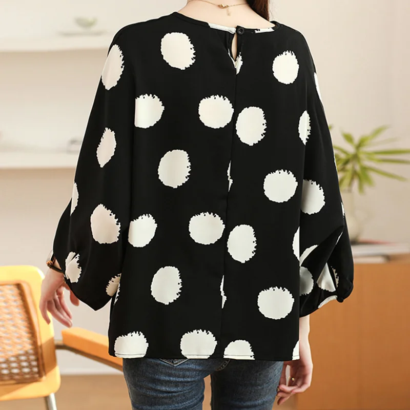 Винтажная Черная Шифоновая Блузка В Горошек С Круглым Вырезом И Рукавами летучая
