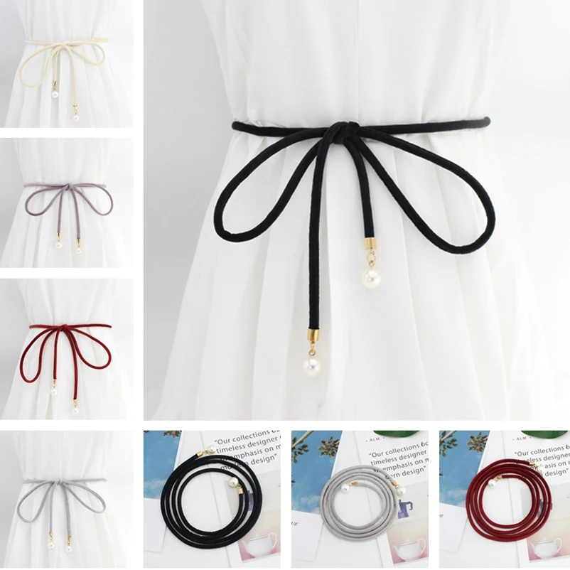 

Women Belt Style Candy Color Waist Chain Hemp Rope Braided Big Pearl Dress Belt Casual Thin Belt For Dress Candy Color Women