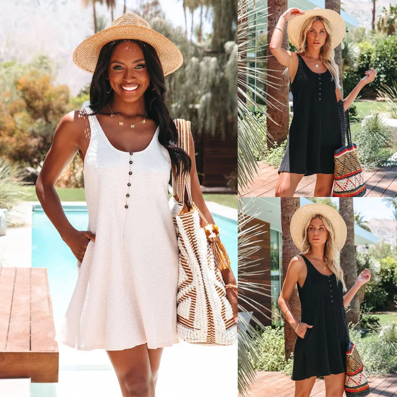 

Spring/Summer 2023 New Women's Solid U-Neck Button Beach Dress Dress