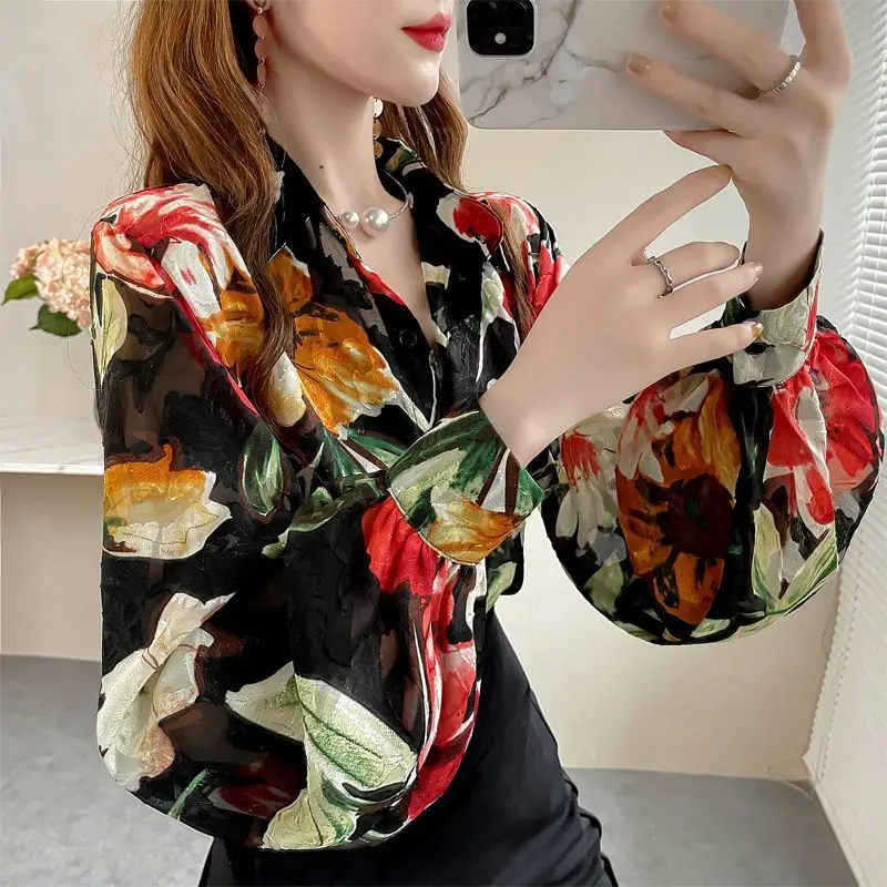 Women Elegant Fashion All-match Floral Printed Chiffon Shirt Spring Summer Lantern Long Sleeve Tops Casual Blouse Female Clothes enlarge