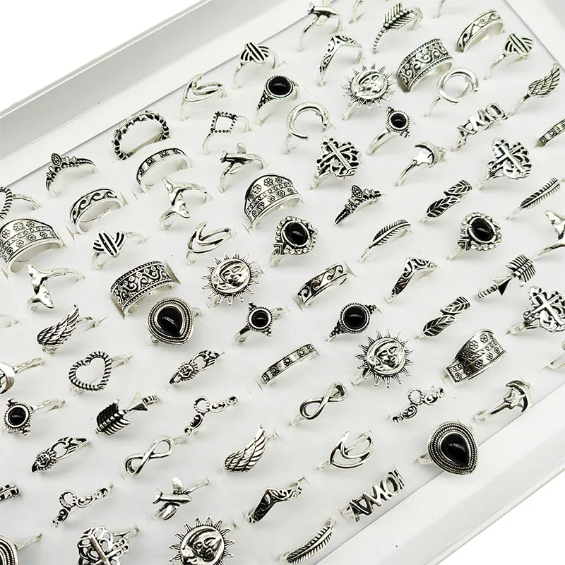 

30pcs/Lot Wholesale Antique Silver Color Finger Rings For Women New Black Acrylic Stone Crown Water Drop Angel Wing Jewelry Girl