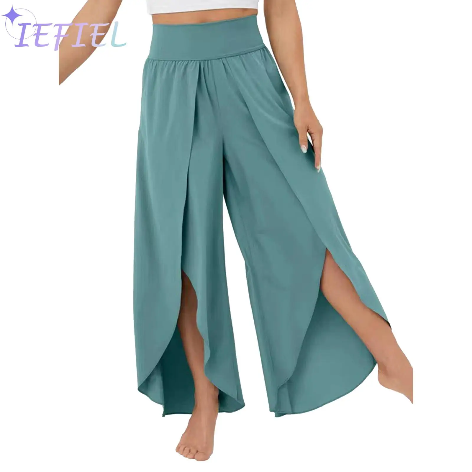 

Женская повседневная одежда, свободные брюки с завышенной талией, однотонные шифоновые Цветочные раздельные брюки для йоги, пилатеса, пляжные брюки для отпуска