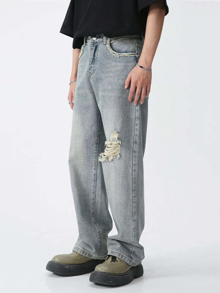 Y2K Style Jeans for Men Blue Wide Legged Baggy Denim Pants - Korean Streetwear Retro Fashion Casual Straight Jeans Baggy Pants