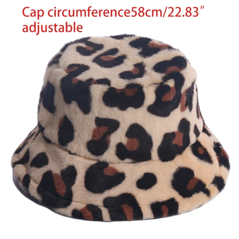 Women Winter Warm Fuzzy Plush Bucket Hat Leopard Print Sunscreen Fisherman Cap images - 6