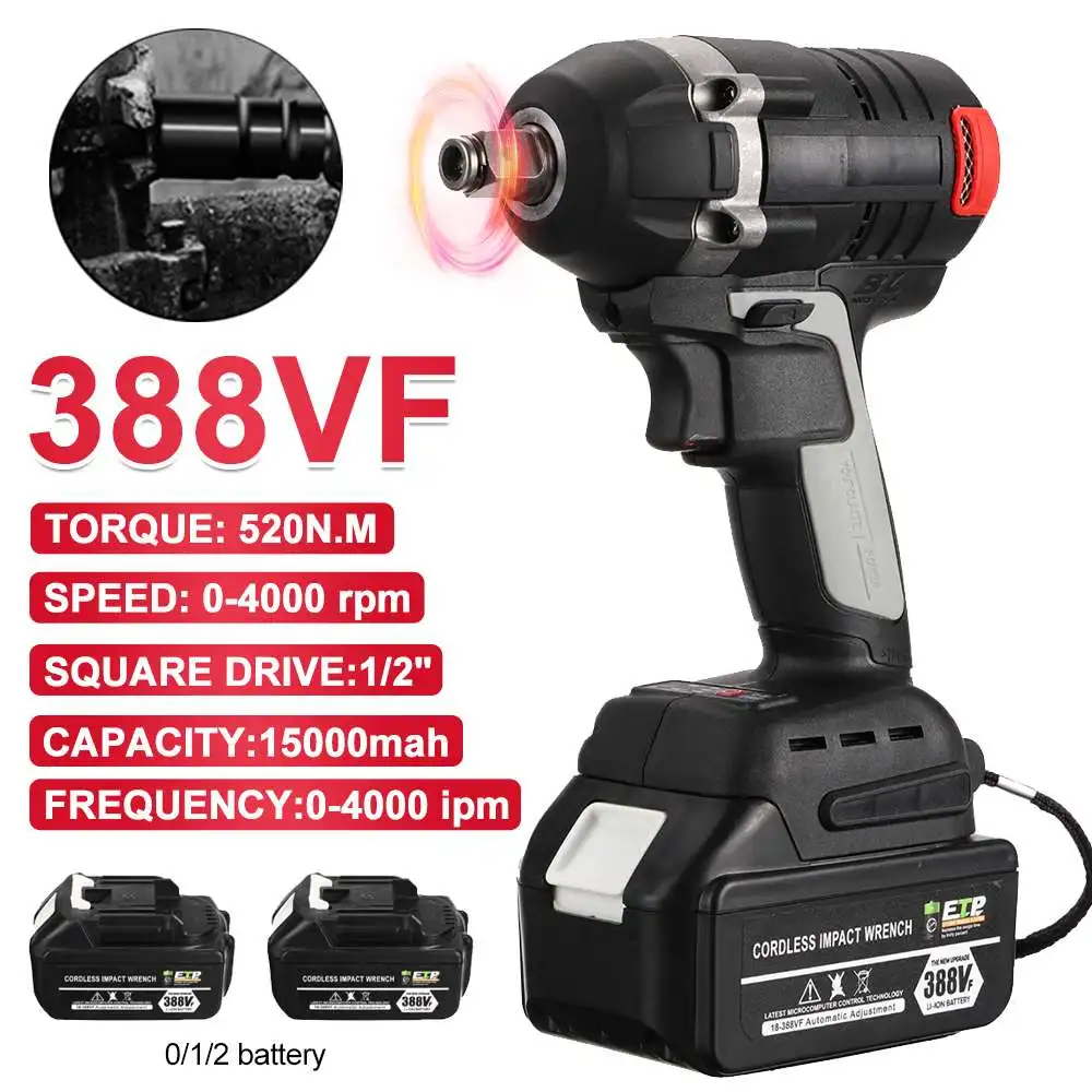 

388VF 520N.m Brushless Electric Impact Wrench Rechargeable Electric Screwdriver Cordless LED Pistol Drill for Makita 18v Battery