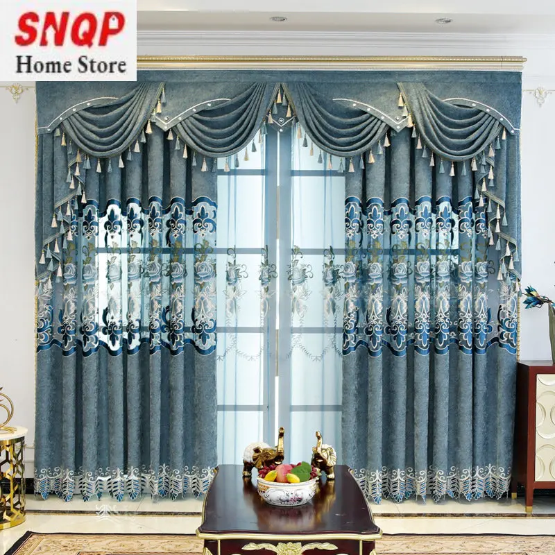 

European-style blue curtains living room dining room bedroom custom water soluble chenille hollow embroidery blackout