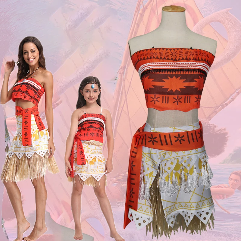 

Halloween Adult Kids Moana Cosplay Costume Tube Top With Grass Skirts Women Film Role Show Stage Outfit Suit for Purim costume