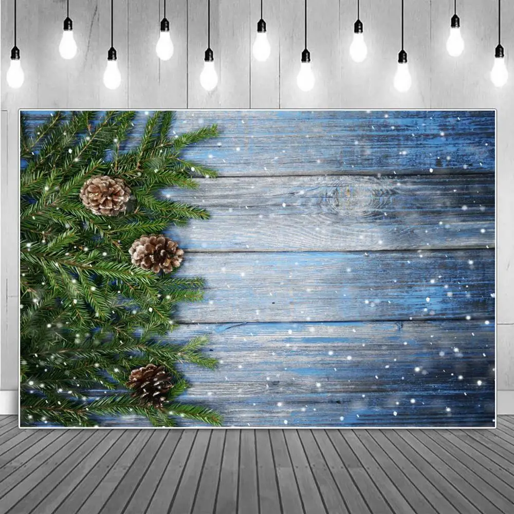 

Green Pine Needle Flower Decoration Blue Plank Photography Backdrops Christmas Branch Wood Eye Board Flat Lay Photo Backgrounds