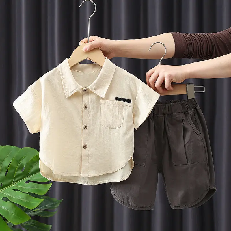 

Cotton 2 Pieces Boy Pants Sets Summer 2022 Solid Shirts Casual All Match Kids Children Clothing Suits Top Quality