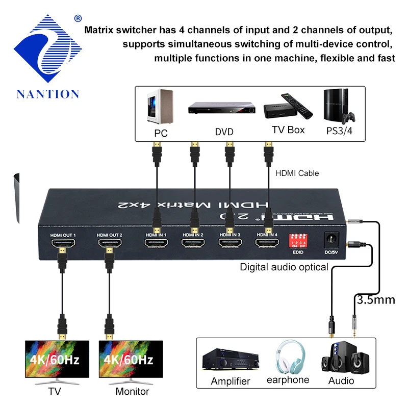 4K 60 Гц HDMI2.0 матрица 4x2 HDMI с Toslink аудио экстрактор сплиттер переключатель 4 в 2 выход