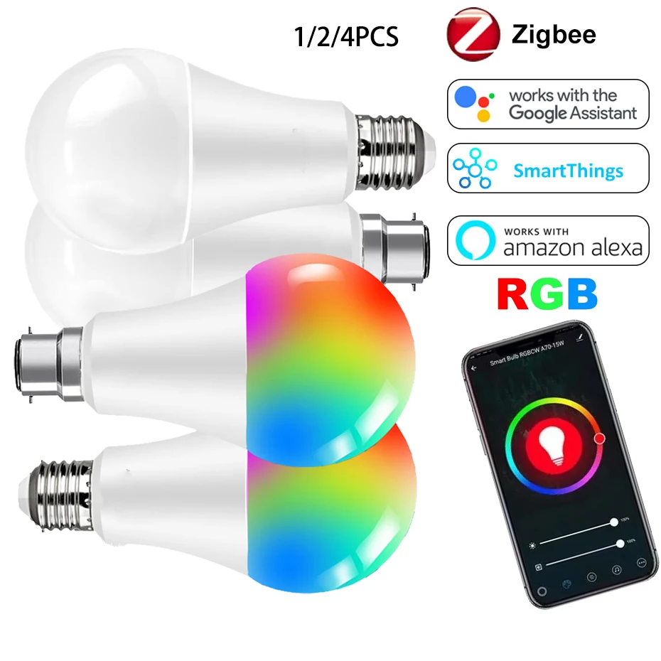 Фото Совместимая с Zigbee 3.0 умная лампочка E27 B22 15 Вт RGB с изменением цвета и регулируемой яркостью работает с голосовым командным управлением Alexa Google Home №1