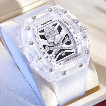 Luxury Quartz Watch Military Top Brand Men Sport Watches Male Tonneau Transparent White Silicone Strap Diamond Skull Wristwatch-37368