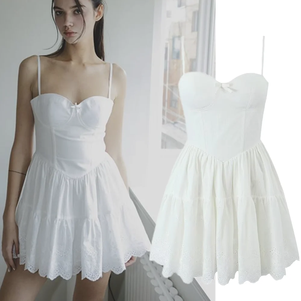 

Withered French Retro Elegant Lace Stitching White Suspender Dress Mini Summer Casual Dress Women