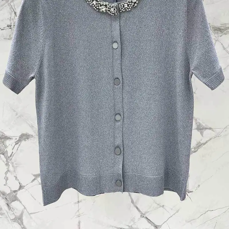 

23New Knitted Short Sleeve Cardigan Fashion Hot Diamond Round Neck Single Breasted Black Tee Simple Wool Blend Clothes For Women