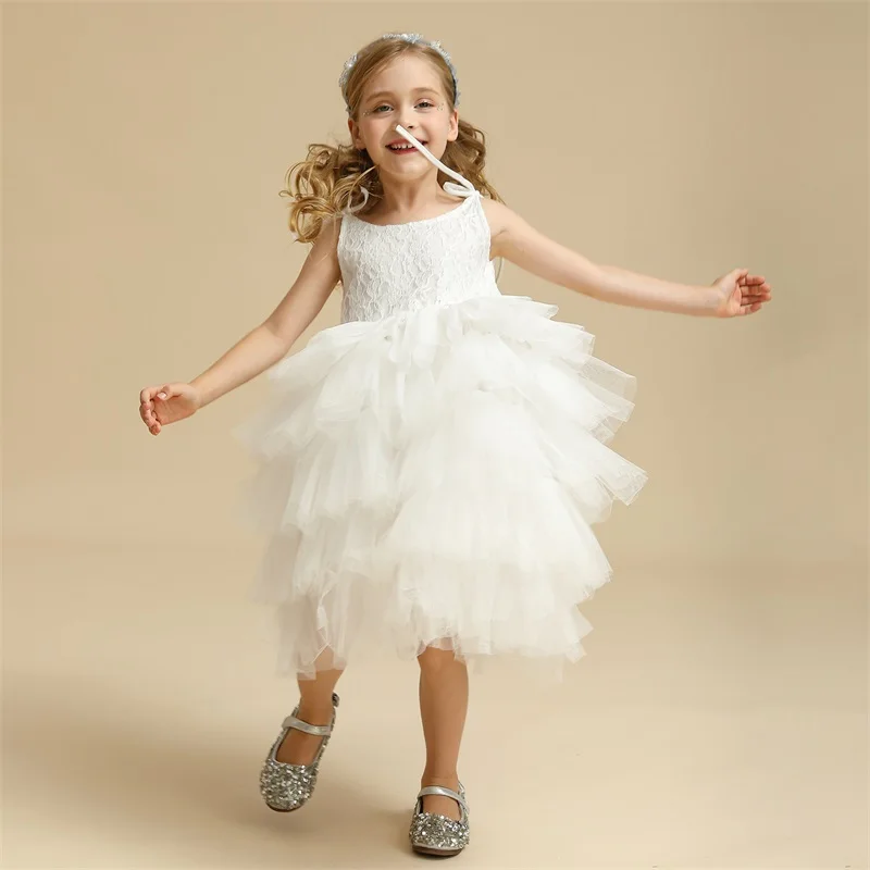 

Белое летнее платье на бретельках для девочек, многослойное фатиновое платье, детская одежда, кружевное платье с цветочным рисунком для сва...