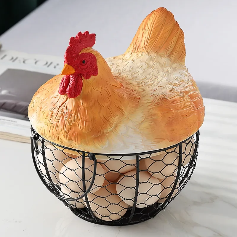 

Hen Storage Basket Iron Egg Organization for Kitchen Vegetable Fruit Decorations Creative Resin Platform Hollow Storage Baskets