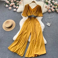 elegant solid pleated jumpsuit red chiffon v neck playsuits with belt womens summer overalls holiday casual female outfit