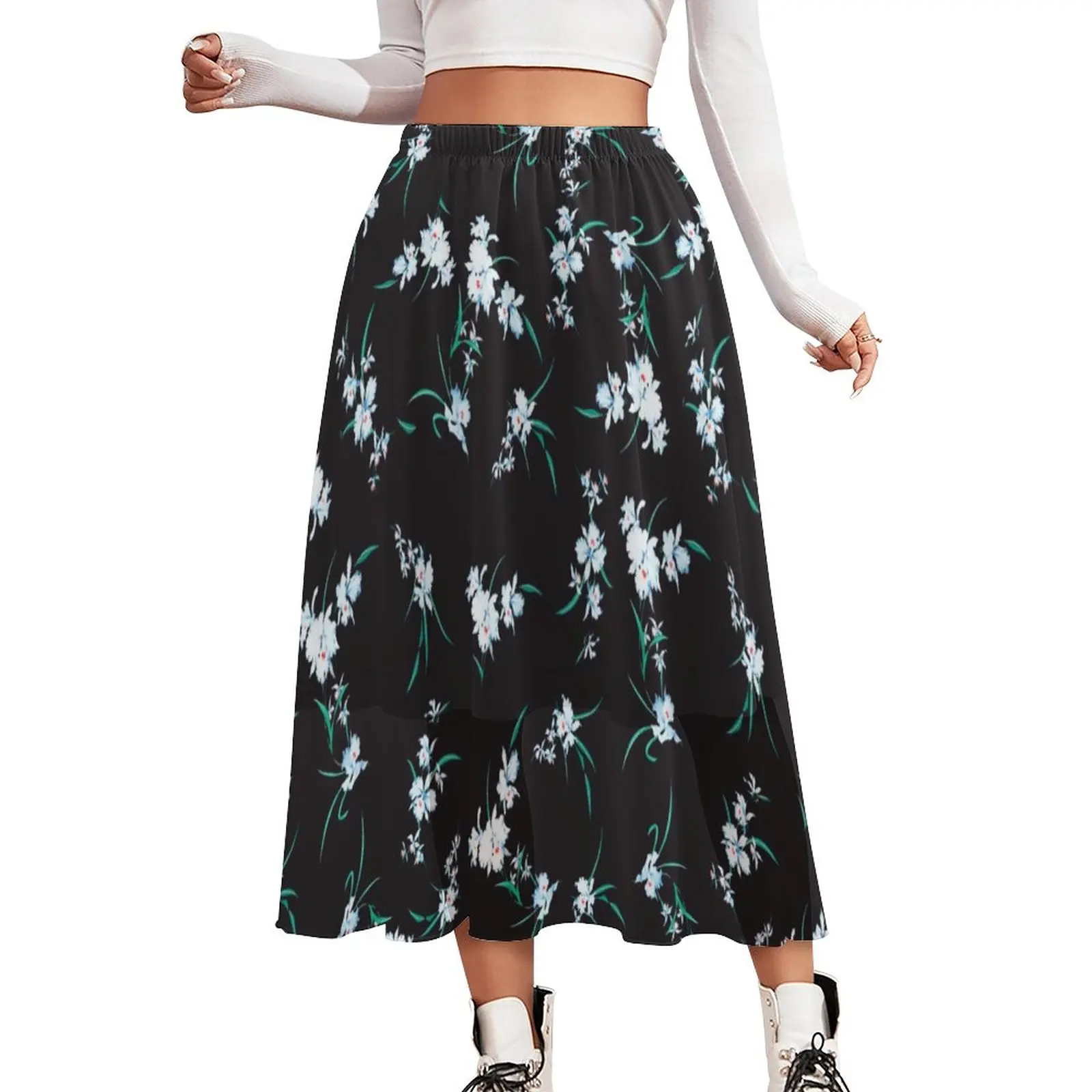 

Cute Flower Skirt Floral Leaf Print Modern Long Skirts Summer Streetwear High Waist Chiffon Pattern Big Size Casual Skirt