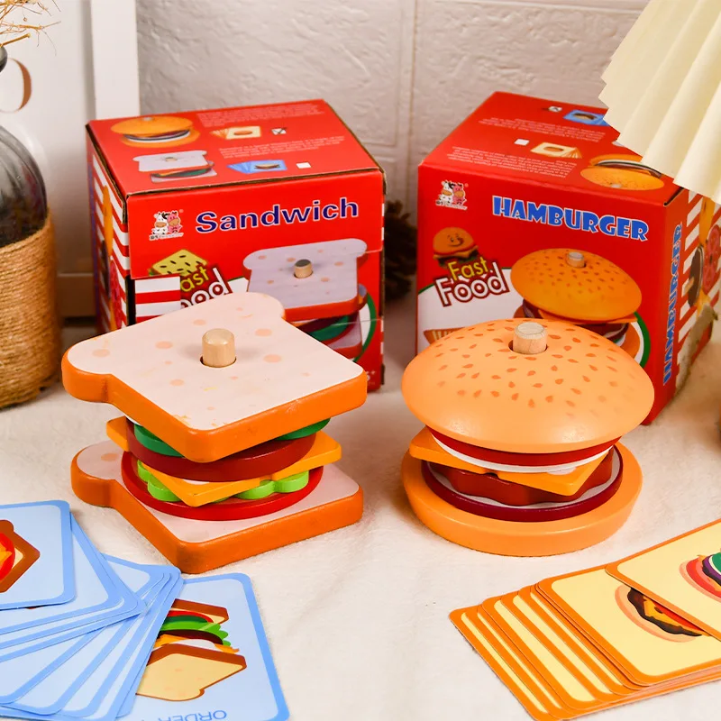 

Montessori Wooden Imitation Hamburger French Fries Sandwich Set Column Matching Food Cutting Kitchen Tableware Family Toy Gifts