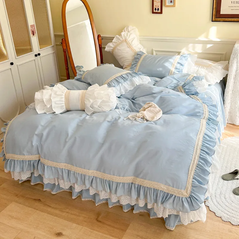 

100% Cotton Princess Bedding Set Girls Blue Lace Duvet Cover Bedspread Bedsheet Ruffle Bedclothes Bed Skirt Home Textile Korean