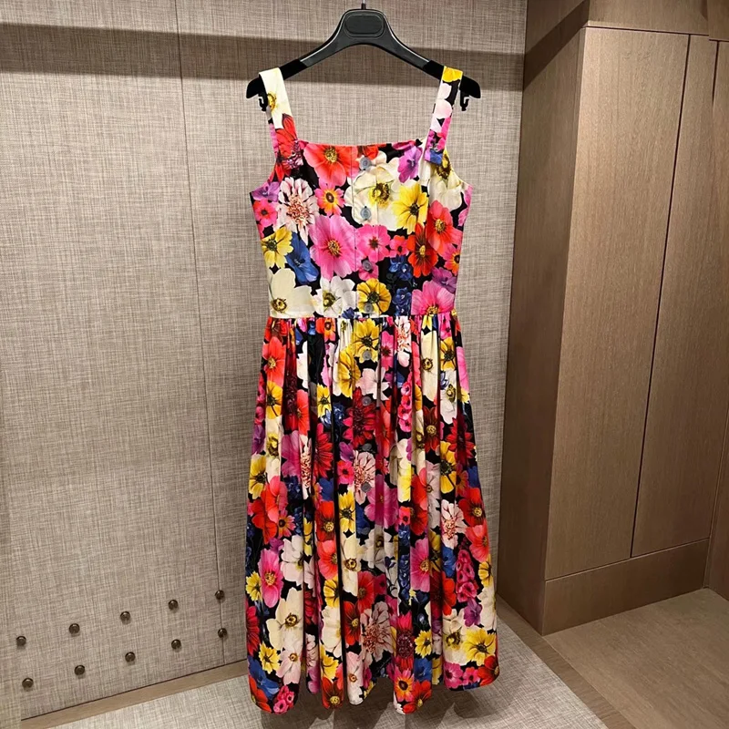 

Высококачественное хлопковое женское платье, модное Эксклюзивное платье средней длины из поплина с красными цветочными пуговицами, летнее...