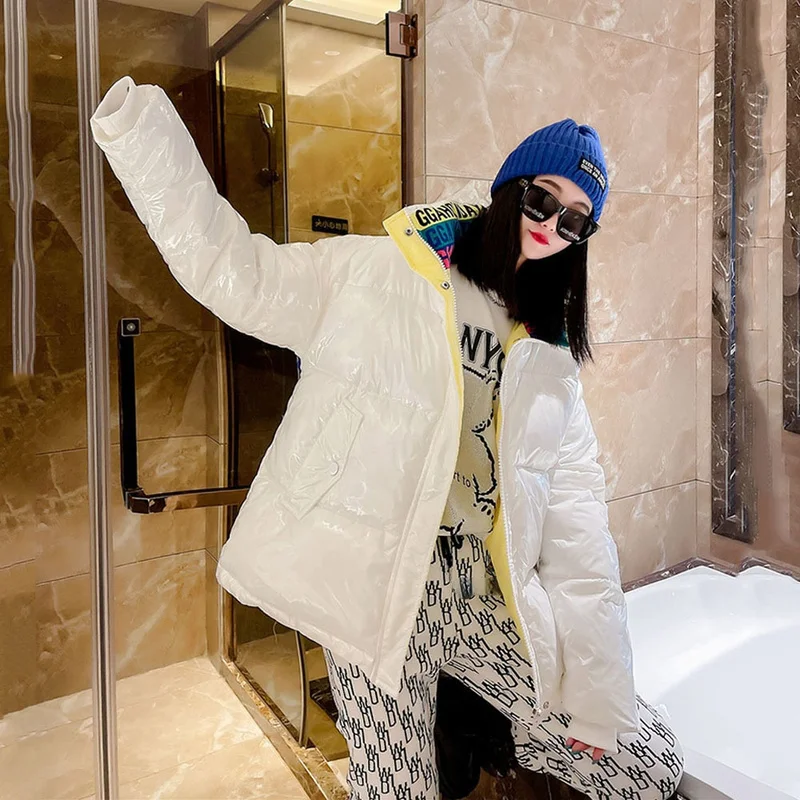 Female Winter Glossy 90% White Duck Down Jackets Women's 2023 Fashion New Long Sleeve Stand Collar Puffer Snow Down Bread Coats