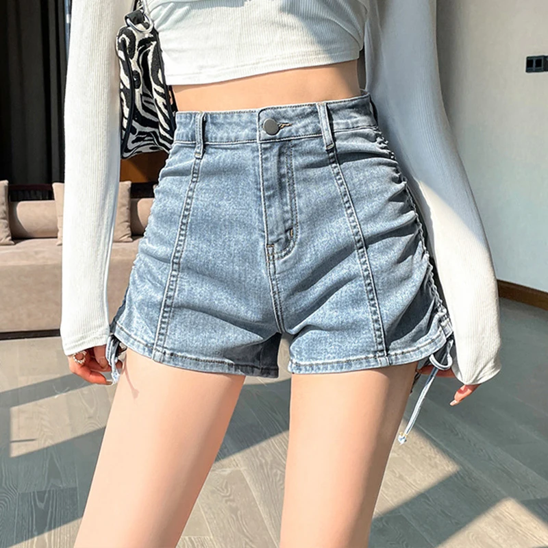 Fashion Lace-Up Denim Shorts Women's Casual High Waist Drawstring Woman Shorts Summer Simple Solid A-Line Pants Ladies 2023 New