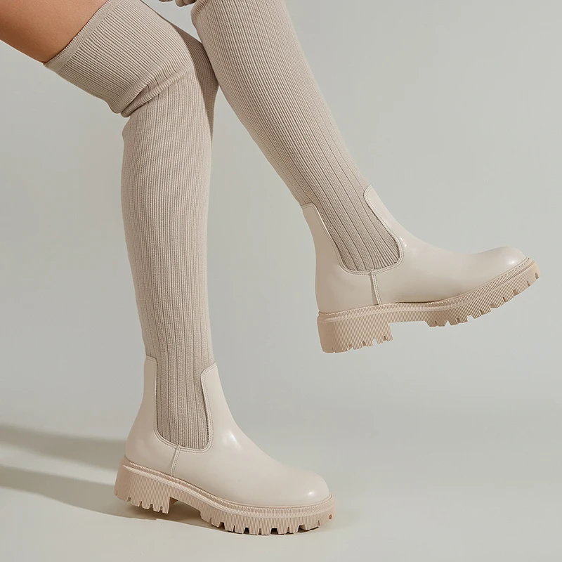 

Женские осенние сапоги выше колена, современные высокие эластичные сапоги на платформе, модная женская обувь с круглым носком, 2022