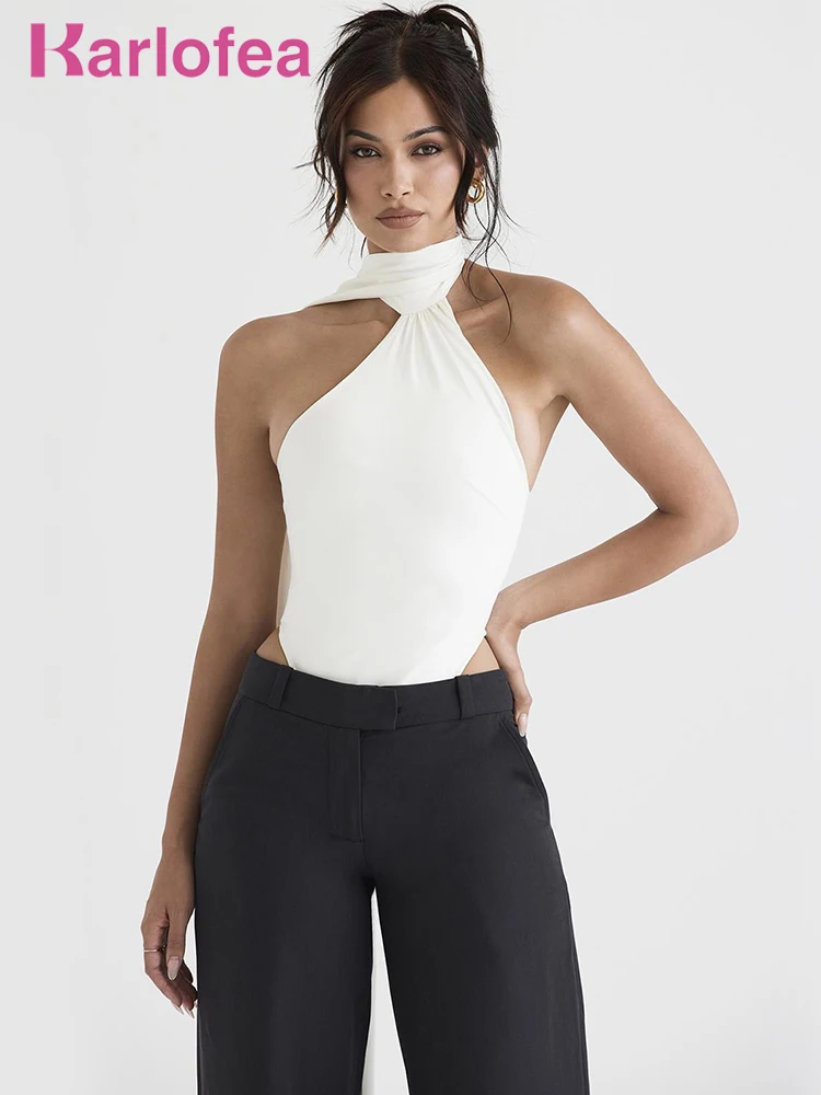 

Karlofea One Piece Clothes Elegant And Chic Draped Backless White Tops Women Sexy Fall 2022 Rave Bodysuit New Satin Body Suit