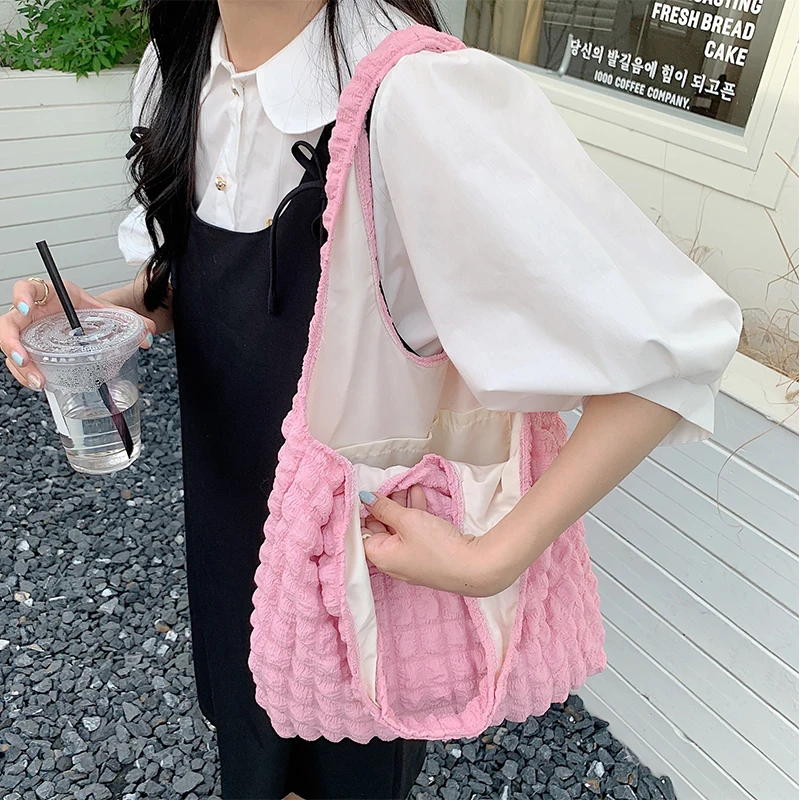 Women Shoulder Bags Cute Pleated Bubbles Large Capacity Female Vest Underarm Bag Tote Shopping Bag Soft Cloth Fabric Handbags