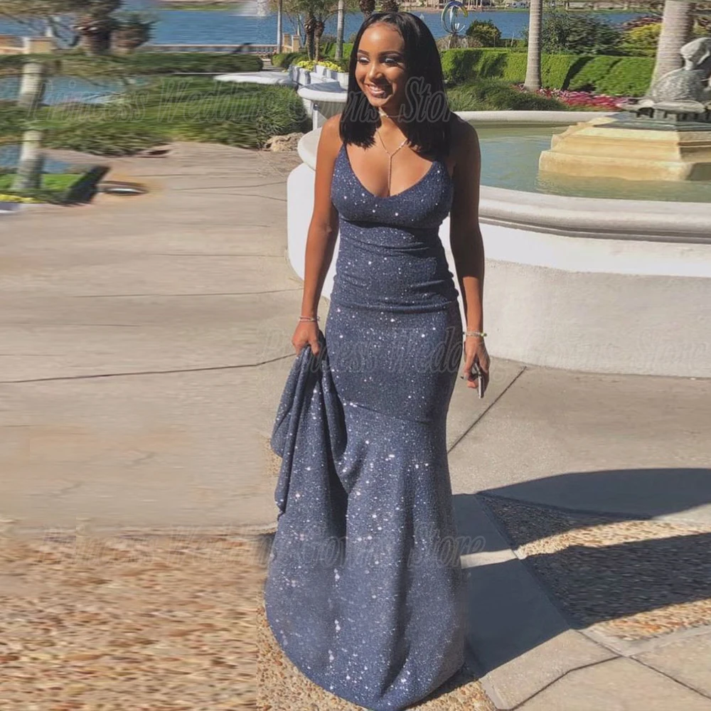 

Prom Dresses 2022 For Black Girls Sequin Dots Shine Mermaid Evneing Gown Sleeveless Spaghetti Straps Sweep Train Beach Party