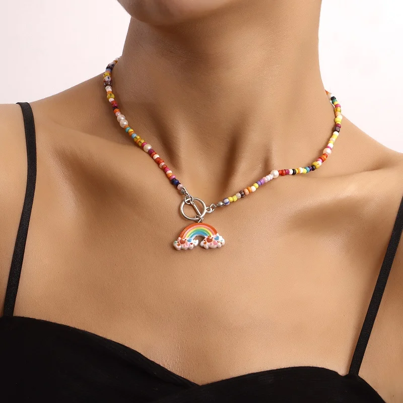 

Vintage Boho Color Rice Bead Necklace Rainbow Pendant Necklace For Women Jewelry Accessories