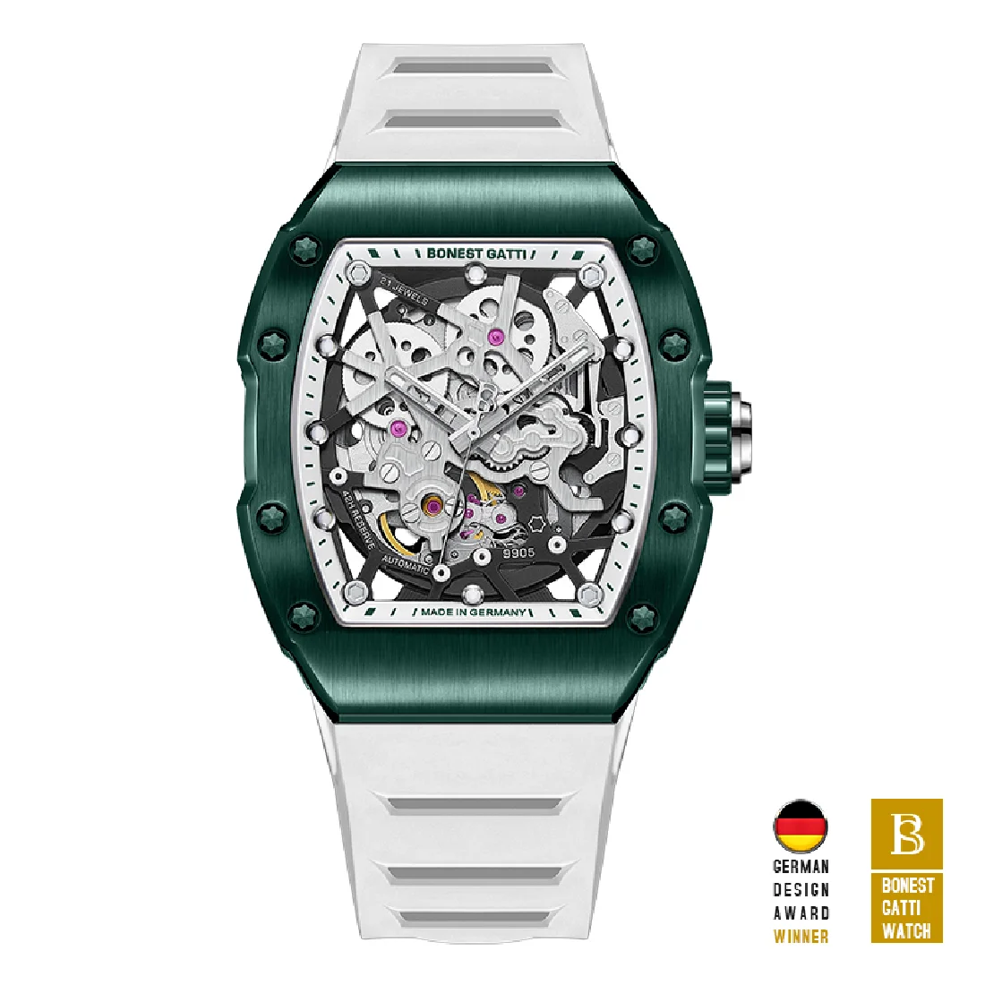 

BONEST GATTI Men Automatic Watch Luxury Tonneau Mechanical Wristwatch Skeleton Waterproof Sapphire Luminous Punk Rubber Strap