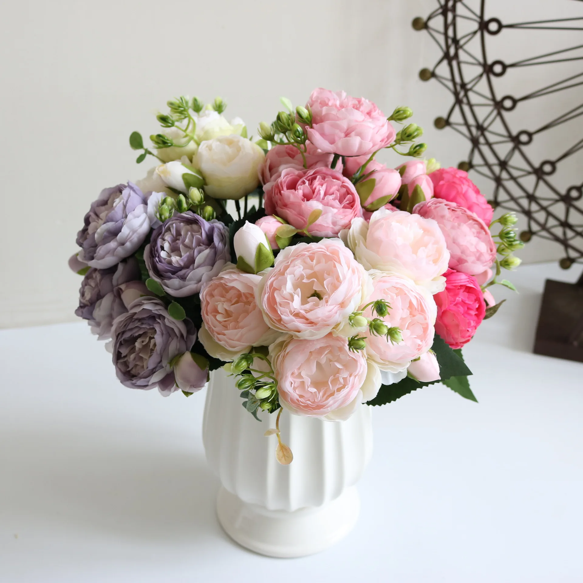 

Artificial Fake Peony Silk Bouquet Faux Rose Berries Flowers Arrangements Table Centerpieces Wedding Bouquets, Party Home Decor
