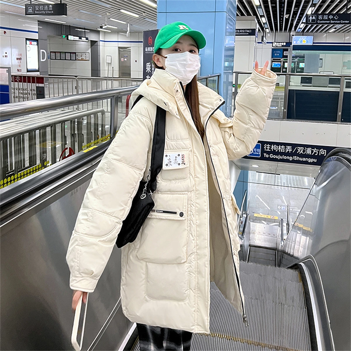 2022 Winter New Korean Zipper Stand Collar Cotton Shirt Women's Long Sleeve Loose Medium length Large Brand Down Cotton Coat