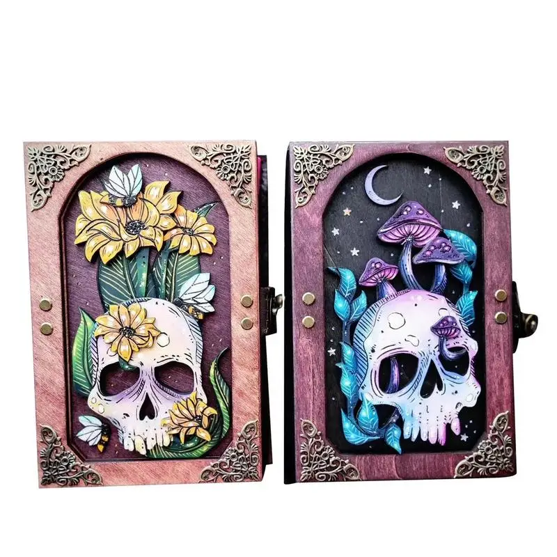 Halloween Wooden Skeleton Head Skull Key Journal Organizer Halloween Mushroom Sunflower Keepsake Journal Party Gifts Supplies