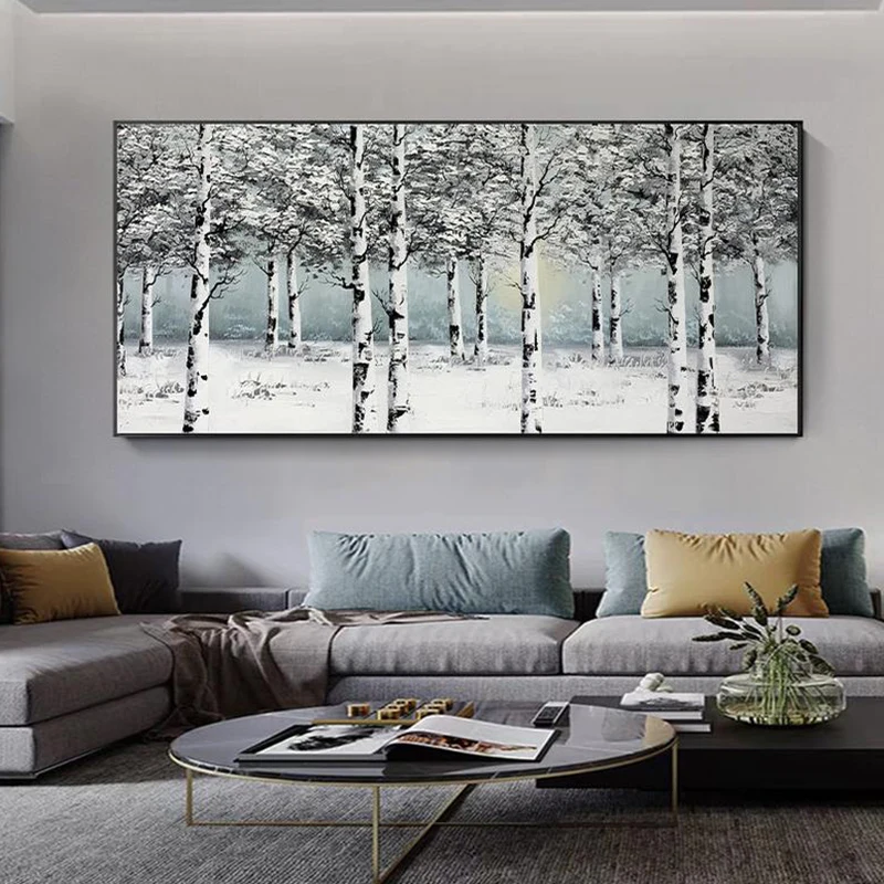 

Original Hand Painted Oil Painting Snow Scenery Birch Picture Home Decorative Painting For Living Room Hanging Painting Unframed