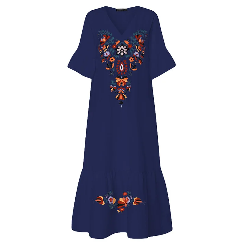 2022 Summer Women Sexy V-neck Long Maxi Dress Elegant Print Linen Boho vestidos robe White Plus Size 5xl Female Loose Dresses