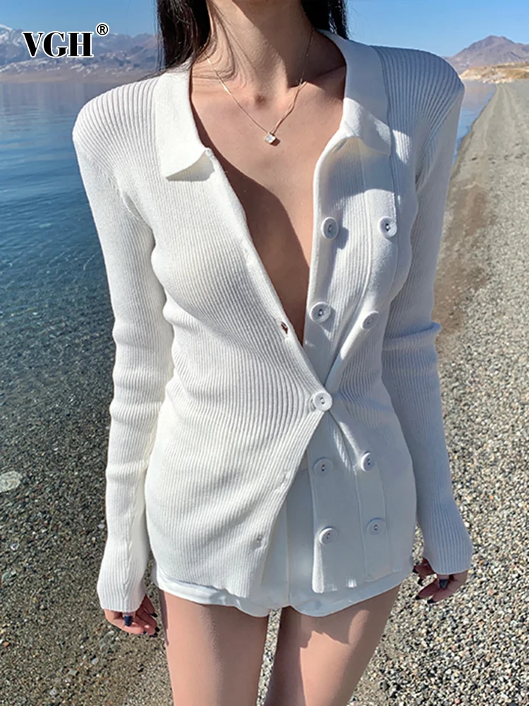 

VGH Solid Minimalist Knitting Sweaters For Women V Neck Long Sleeve Spliced Single Breasted Slimming Sweater Female Clothing New