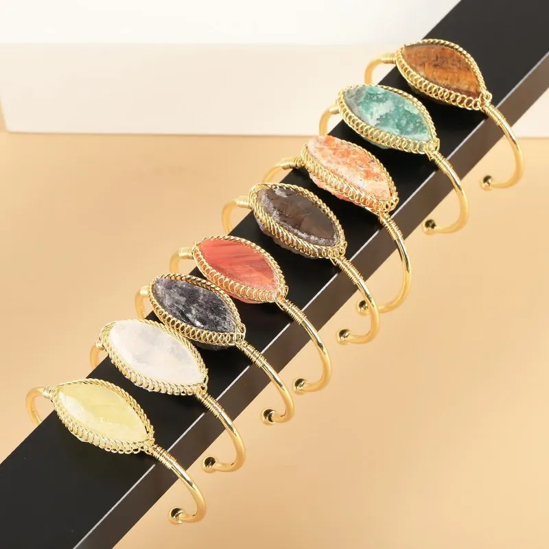 

JD Natural Stone Bangles Cuff Copper Bracelets Women Gold Color Wire Wrap Crystal Quartz Amethyst Handmade Braid Fashion Jewelry
