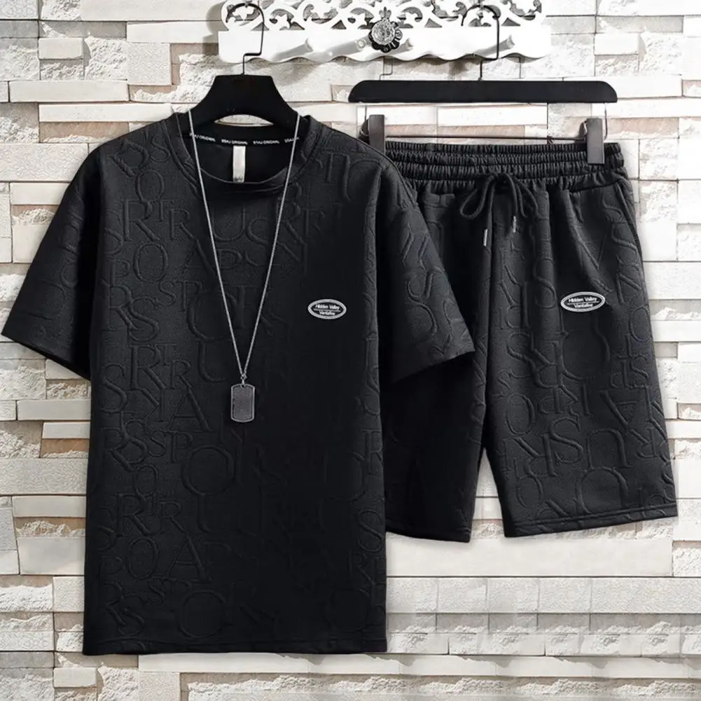 Summer Tracksuit Letter Applique Two Pieces Set Pure Color Men Top Shorts Set Soft Summer T-shirt Shorts Set Men Garment