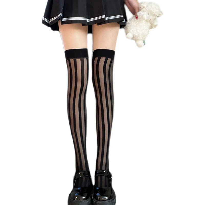 

649D Silk Thigh High Stocking for Women Dark Vertical Stripe Black Silk Jacquard Stretch High Hose